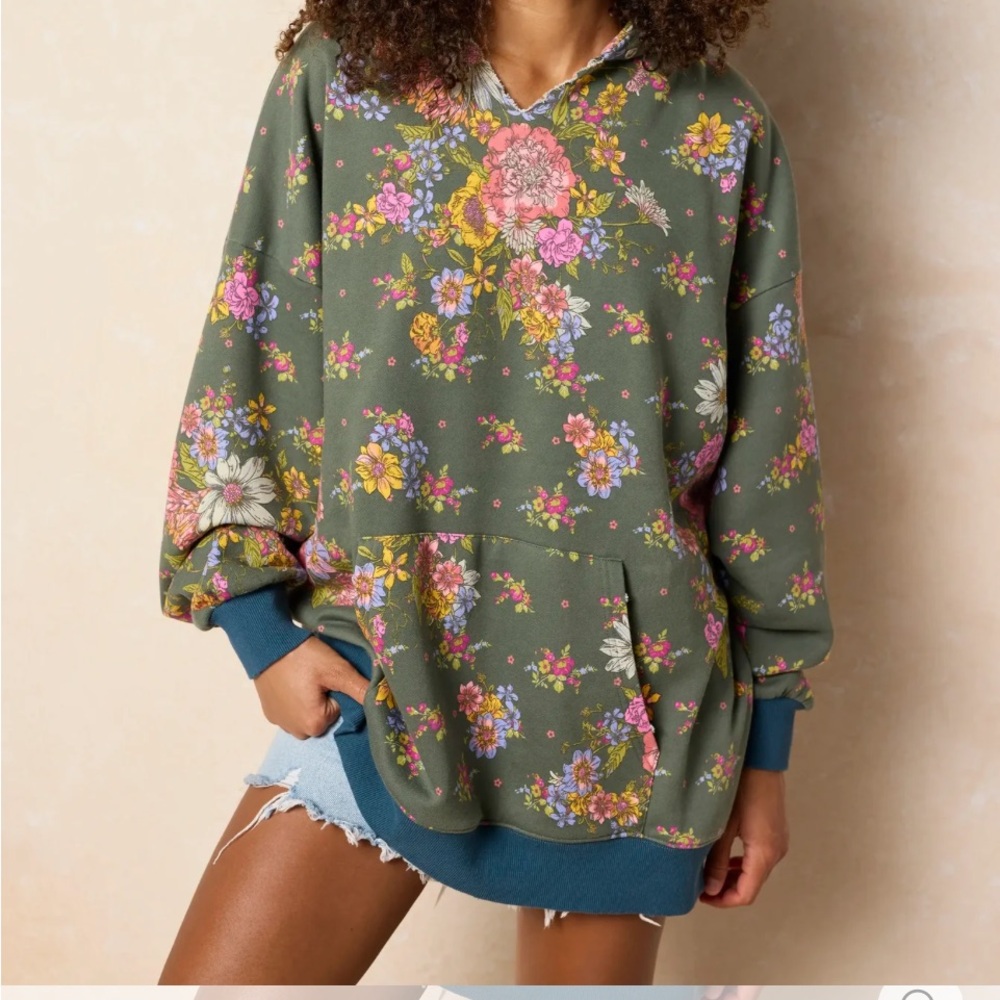 NATURAL LIFE Olive Floral Hooded Sweatshirt with Pink & Yellow Blooms- XL oversi - Picture 7 of 8